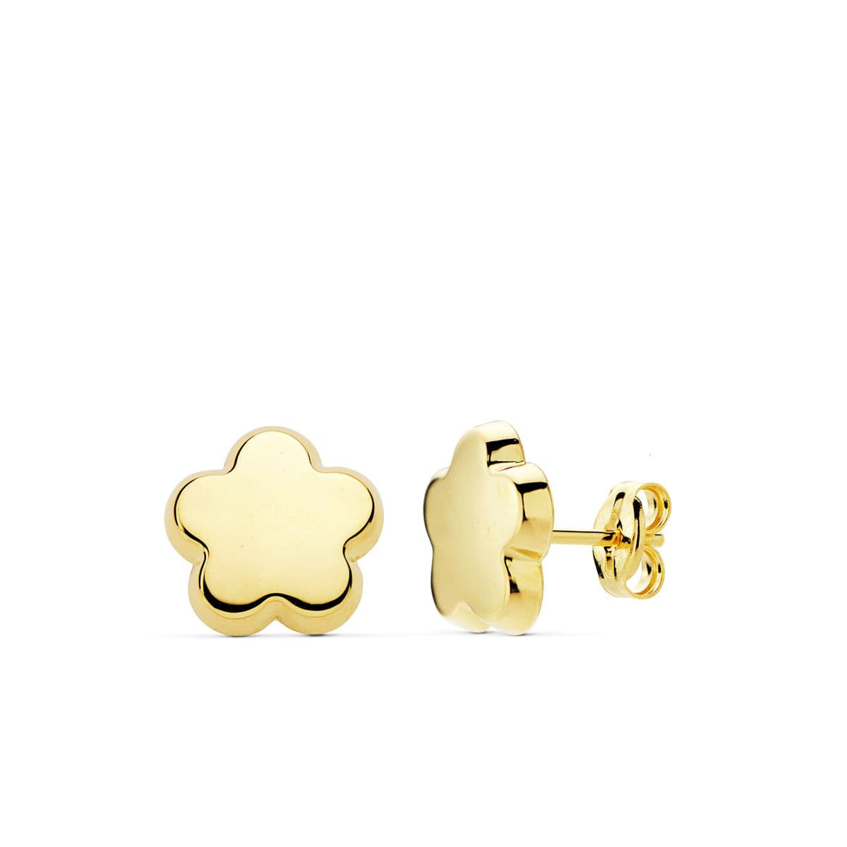 18K PENDIENTES ORO AMARILLO FLOR LISA 10X10 MM CIERRE PRESION