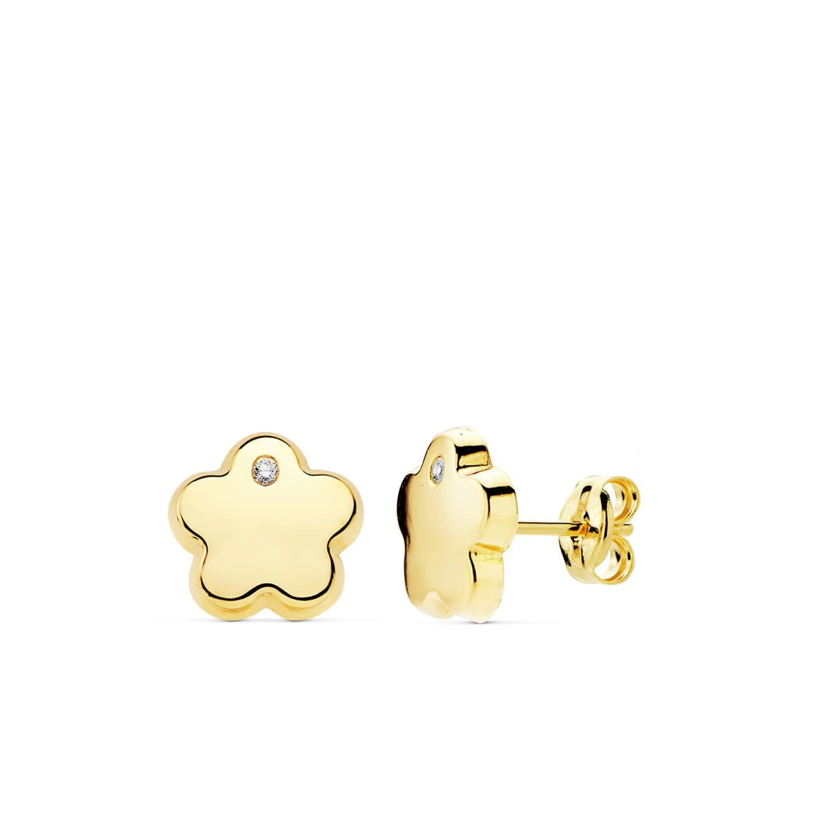 18K PENDIENTES FLOR CIRCONITA ORO AMARILLO 9 MM CIERRE PRESION