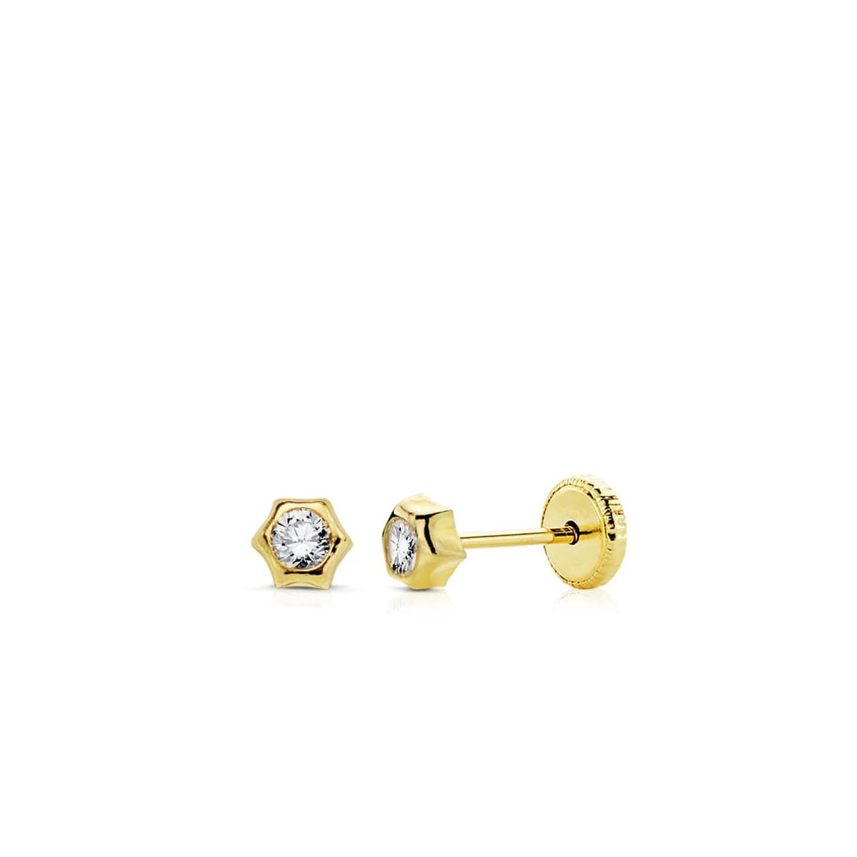 18K PENDIENTES ORO AMARILLO SOL CIRCONITA 4 MM CIERRE TUERCA
