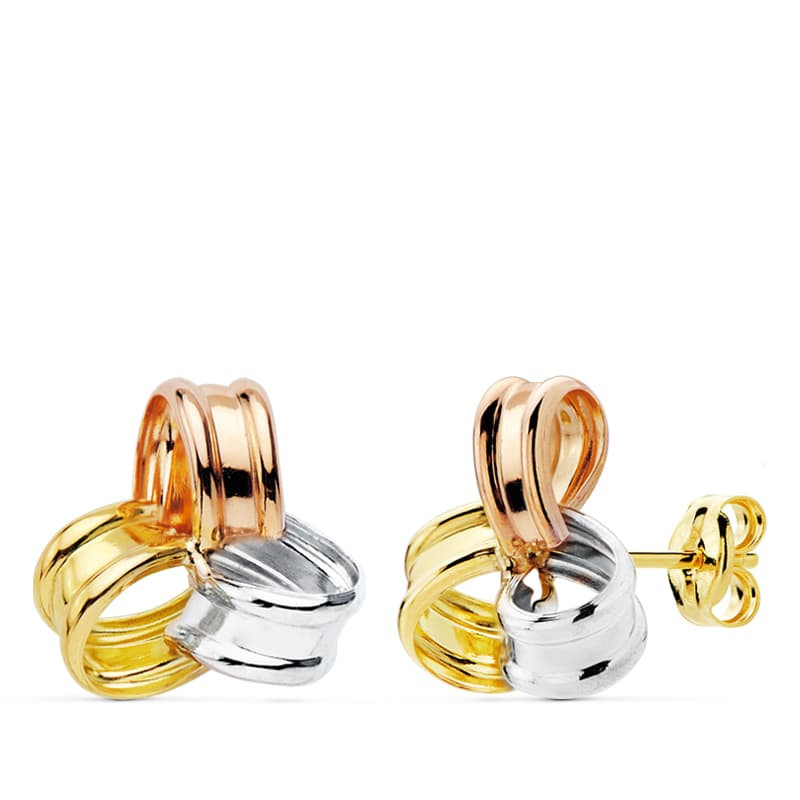 18K PENDIENTES TRICOLOR TREBOL. 13X11 MM CIERRE PRESION