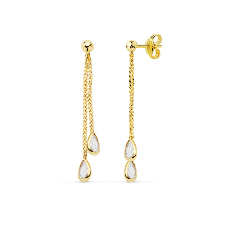 18K PENDIENTES ORO AMARILLO DOBLE CADENITA 34 MM CIERRE PRESION