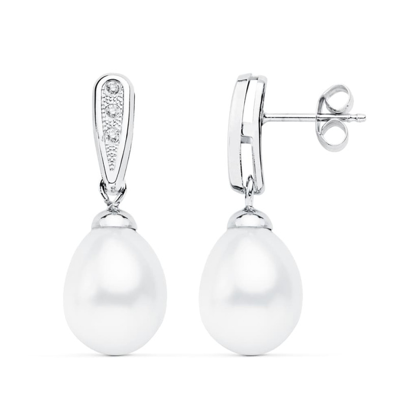 18K PENDIENTES ORO BLANCO DE NOVIA CON PERLA 24X9 MM CIERRE PRESION