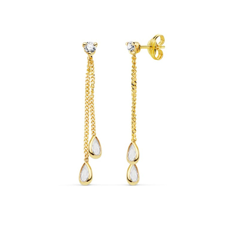 18K PENDIENTES ORO AMARILLO DOBLE CADENITA Y PIEDRAS CIERRE PRESION