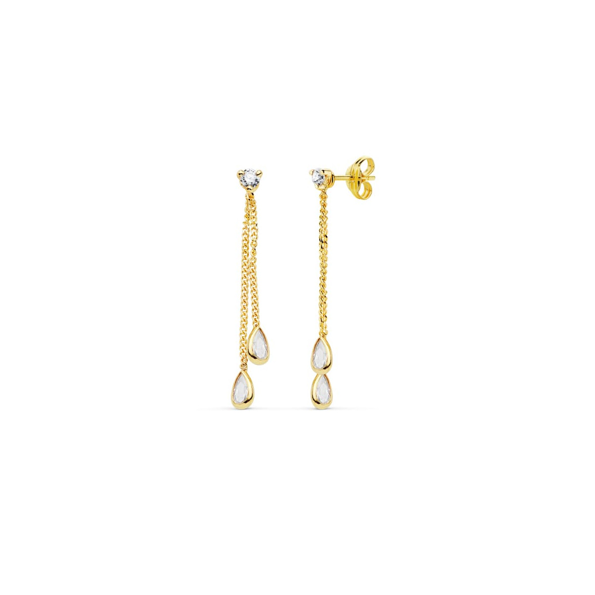 18K PENDIENTES ORO AMARILLO DOBLE CADENITA Y PIEDRAS CIERRE PRESION