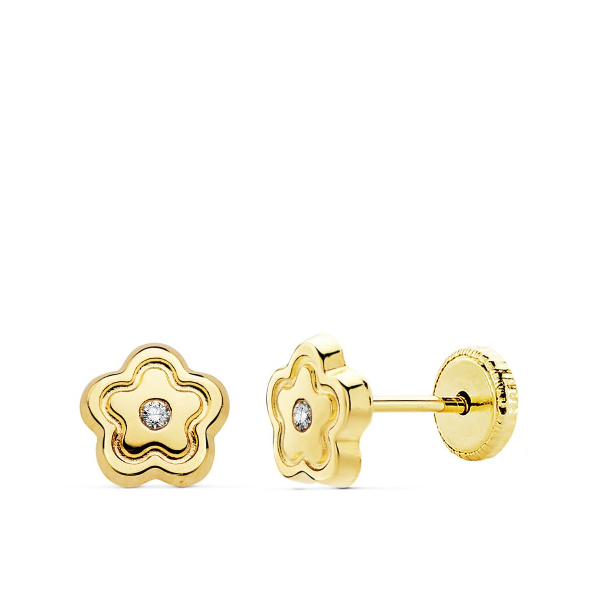 18K PENDIENTES ORO AMARILLO FLOR CIRCONITA 6X6 MM CIERRE TUERCA