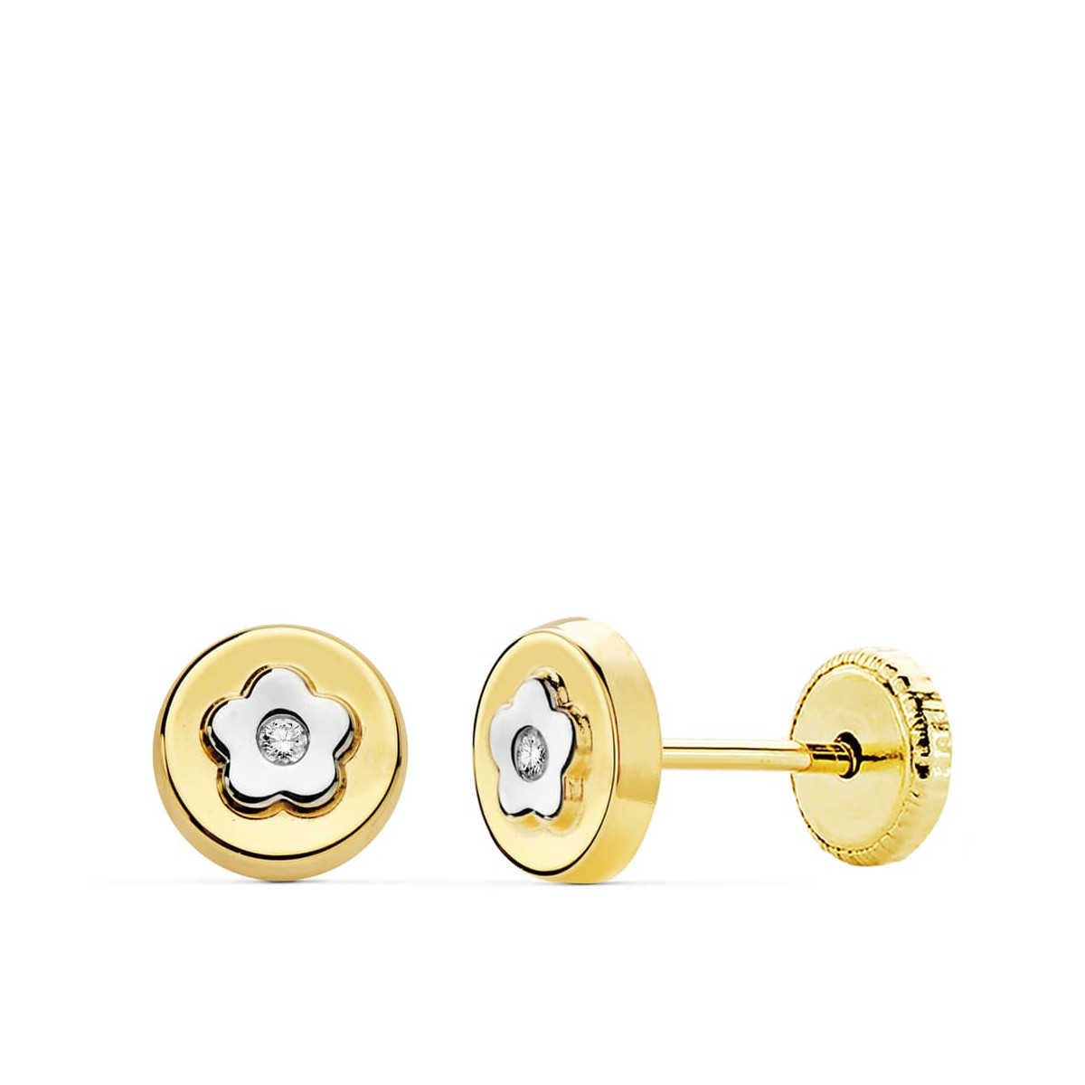 18K PENDIENTES REDONDO ORO BICOLOR 6 MM CIERRE TUERCA