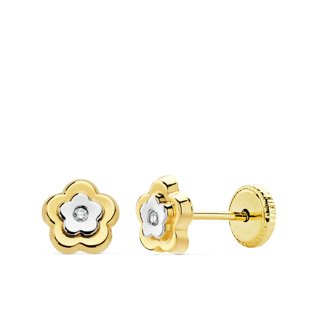 18K PENDIENTES FLOR ORO BICOLOR 6X6 MM CIERRE TUERCA