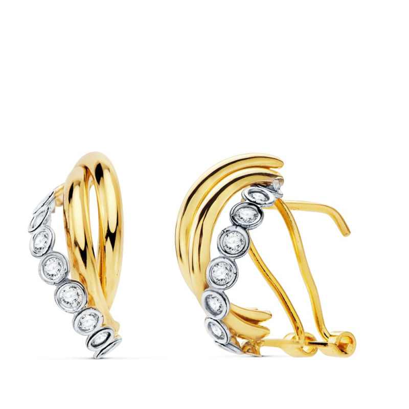 18K PENDIENTES ORO BICOLOR BANDAS 17X8 MM CIERRE OMEGA