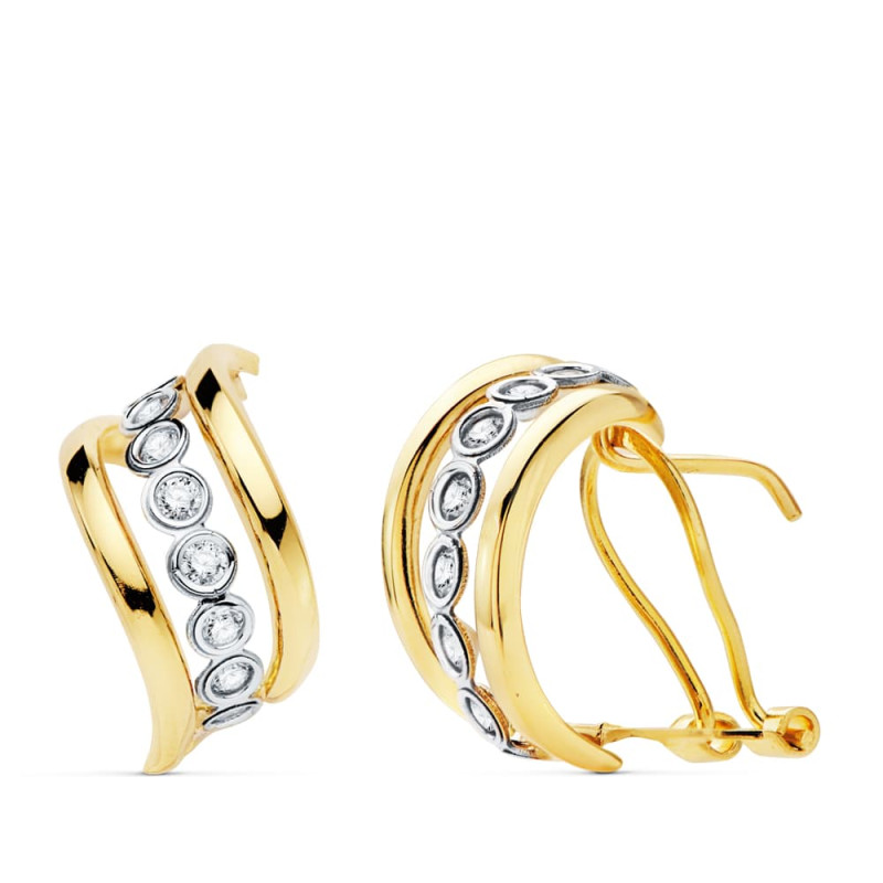 18K PENDIENTES ORO BICOLOR BANDAS 17X8 MM CIERRE OMEGA
