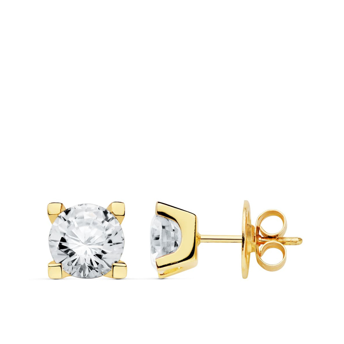 18K PENDIENTES ORO AMARILLO 4 GARRAS CIRCONITA 7X7 MM CIERRE PRESION