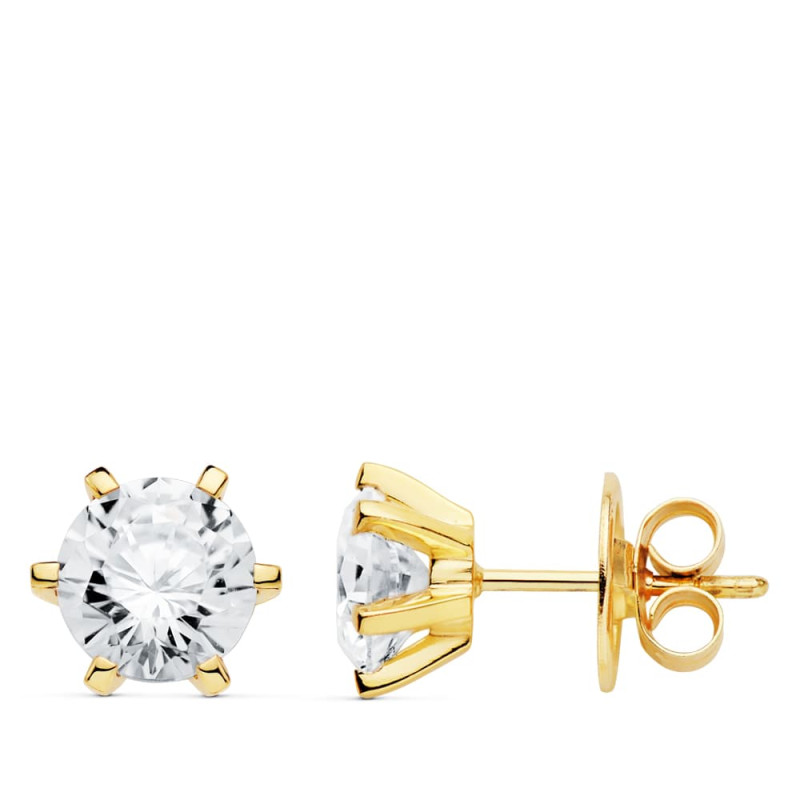 18K PENDIENTES ORO AMARILLO 6 GARRAS CIRCONITA 8X8 MM CIERRE PRESION