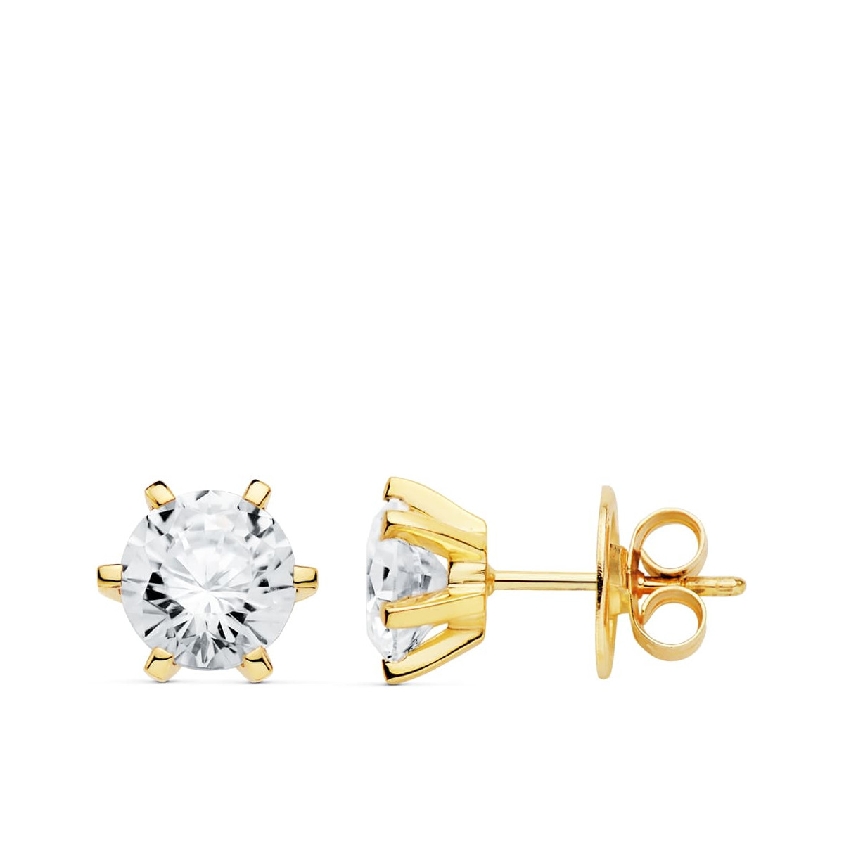 18K PENDIENTES ORO AMARILLO 6 GARRAS CIRCONITA 8X8 MM CIERRE PRESION