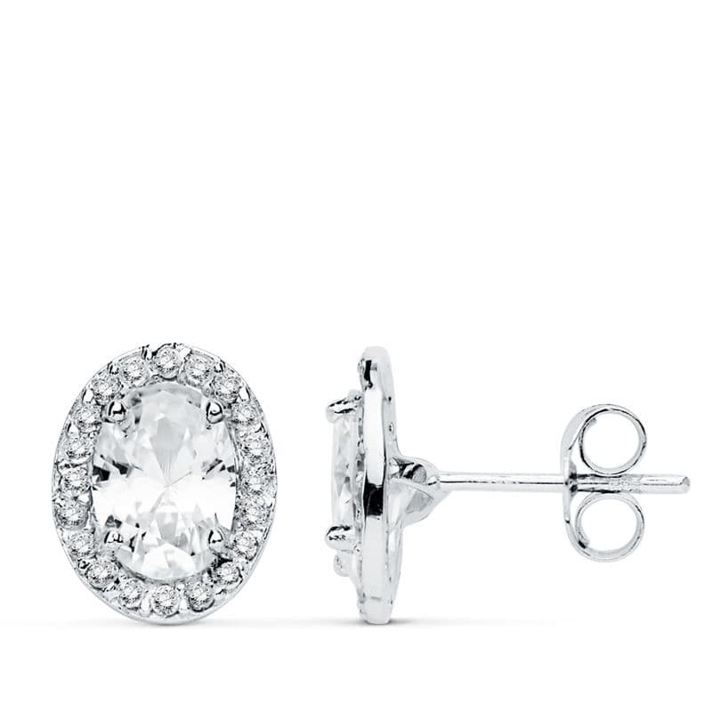 18K PENDIENTES ORO BLANCO OVAL CIRCONITA 10X8 MM CIERRE PRESION