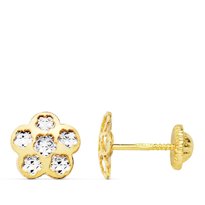 18K PENDIENTES TREBOL ORO BICOLOR 8X8 MM CIERRE TUERCA