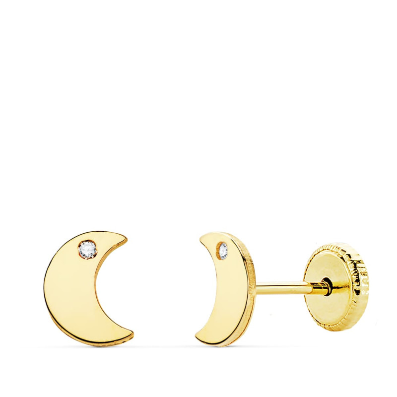18K PENDIENTES ORO AMARILLO LUNA CIRCONITA 6.5X5 MM CIERRE TUERCA