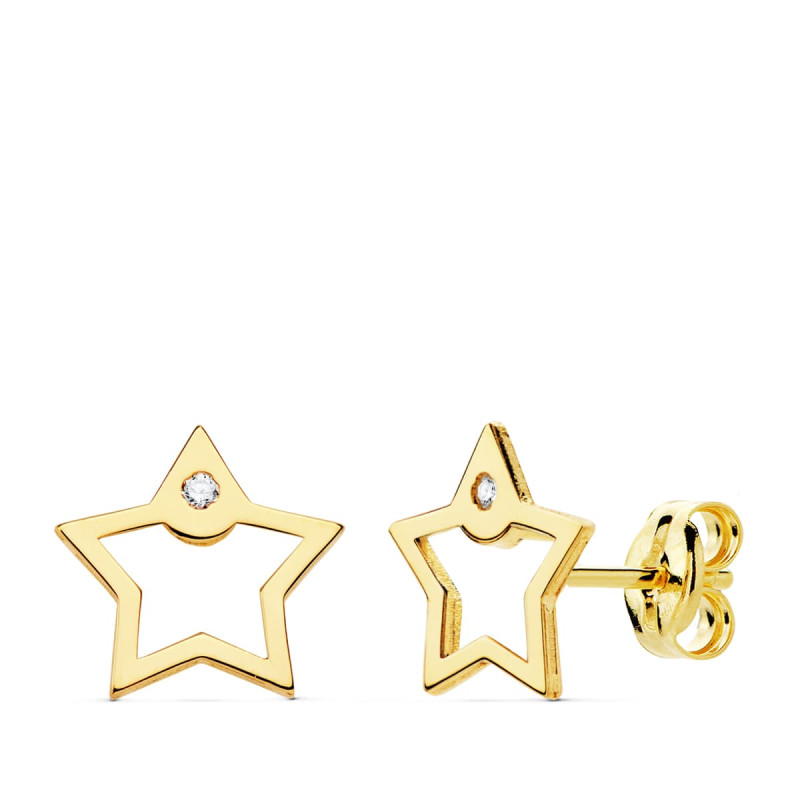 18K PENDIENTES ORO AMARILLO ESTRELLA CIRCONITA 8X8 MM CIERRE PRESION