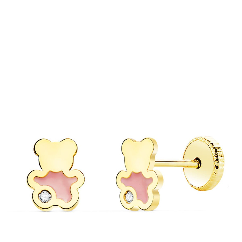 18K PENDIENTES ORO AMARILLO OSO ESMALTE ROSA 6X5 MM CIERRE TUERCA