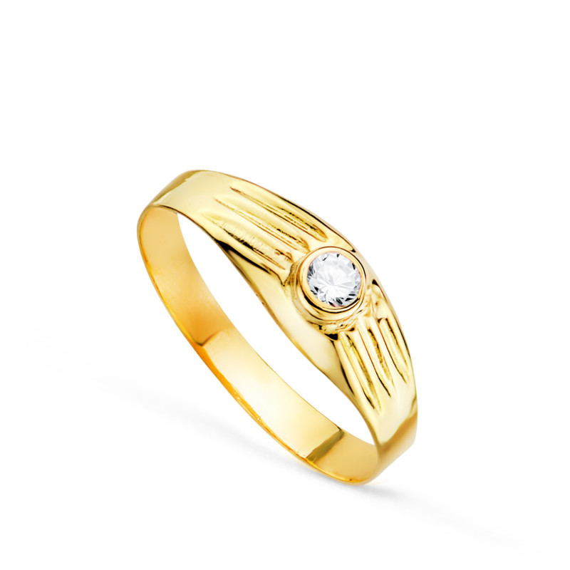 18K SOLITARIO ORO AMARILLO HUECO DE BEBE O MEÑIQUE CIRCONITA BLANCA 3MM LATERAL GALLONEADO