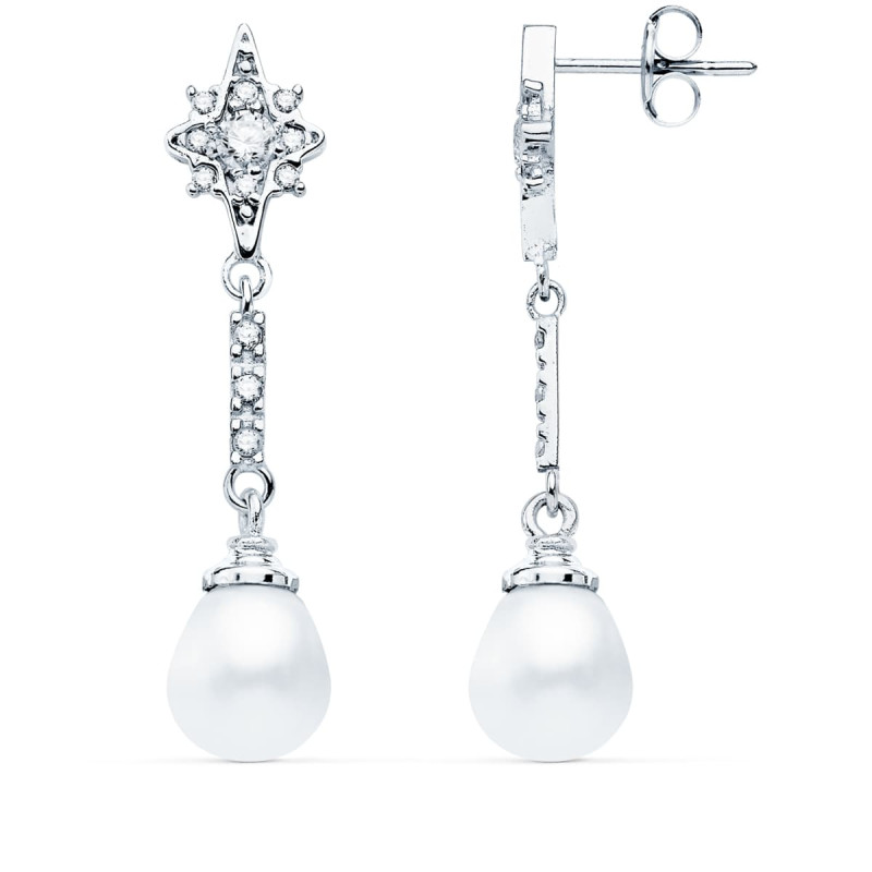 18K PENDIENTES LARGOS ORO BLANCO PERLA Y CIRCONITA 36X8 MM CIERRE PRESION