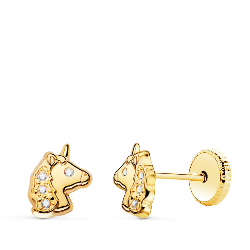 18K PENDIENTES ORO AMARILLO UNICORNIOS BRILLO CON CIRCONITA TUERCA 7,5 X 6MM