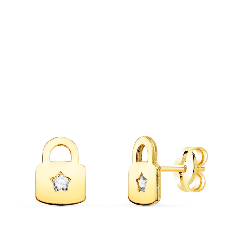 18K PENDIENTES ORO AMARILLO CANDADO CON CIRCONITA CIERRE PRESION 8 X 6 MM C. AMOR