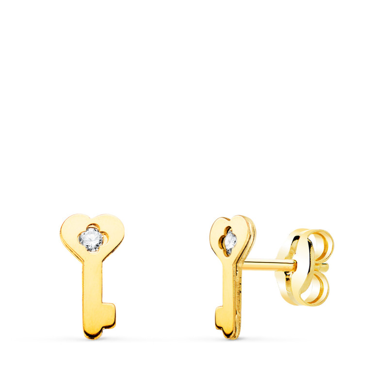 18K PENDIENTES ORO AMARILLO LLAVE CON CIRCONITA CIERRE PRESION 8 X 4 MM C. AMOR