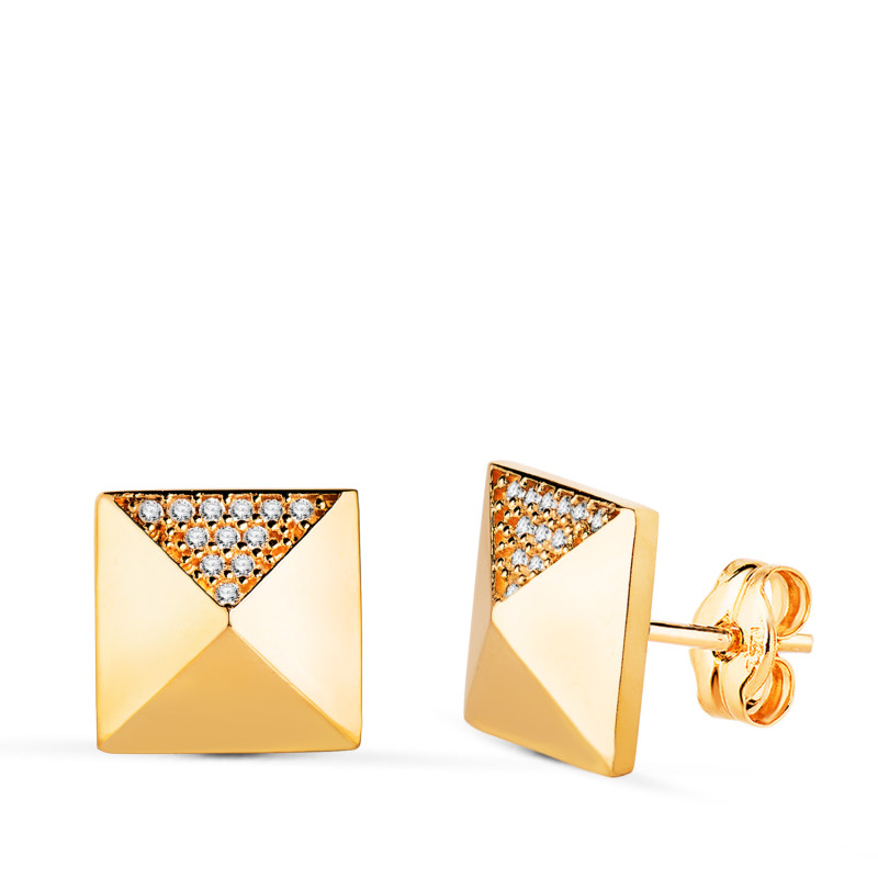 18K PENDIENTES ORO AMARILLO CUADRADOS PICO CON CIRCONITAS EN BRILLO. MEDIDA: 10 X 10 MM. CIERRE PRESION
