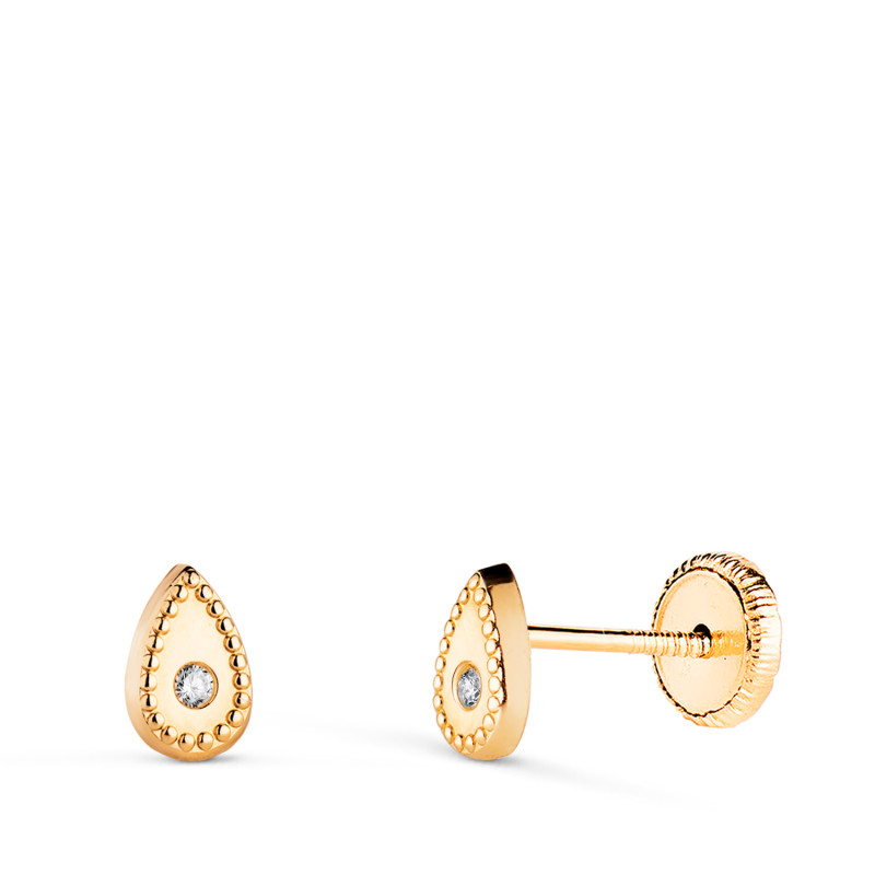 18K PENDIENTES ORO AMARILLO GOTA CON CIRCONITAS Y BORDES BOLITAS. MEDIDA: 6 X 4 MM. CIERRE TUERCA