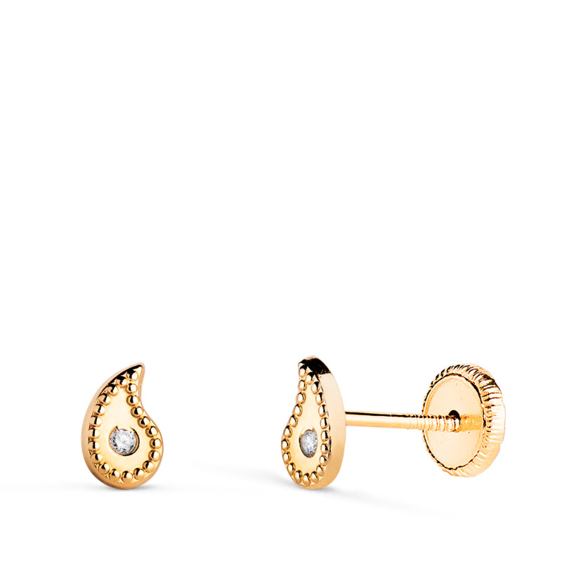 18K PENDIENTES ORO AMARILLO GOTA CURVA CON CIRCONITAS Y BORDES BOLITAS. MEDIDA: 6 X 4 MM.CIERRE TUERCA