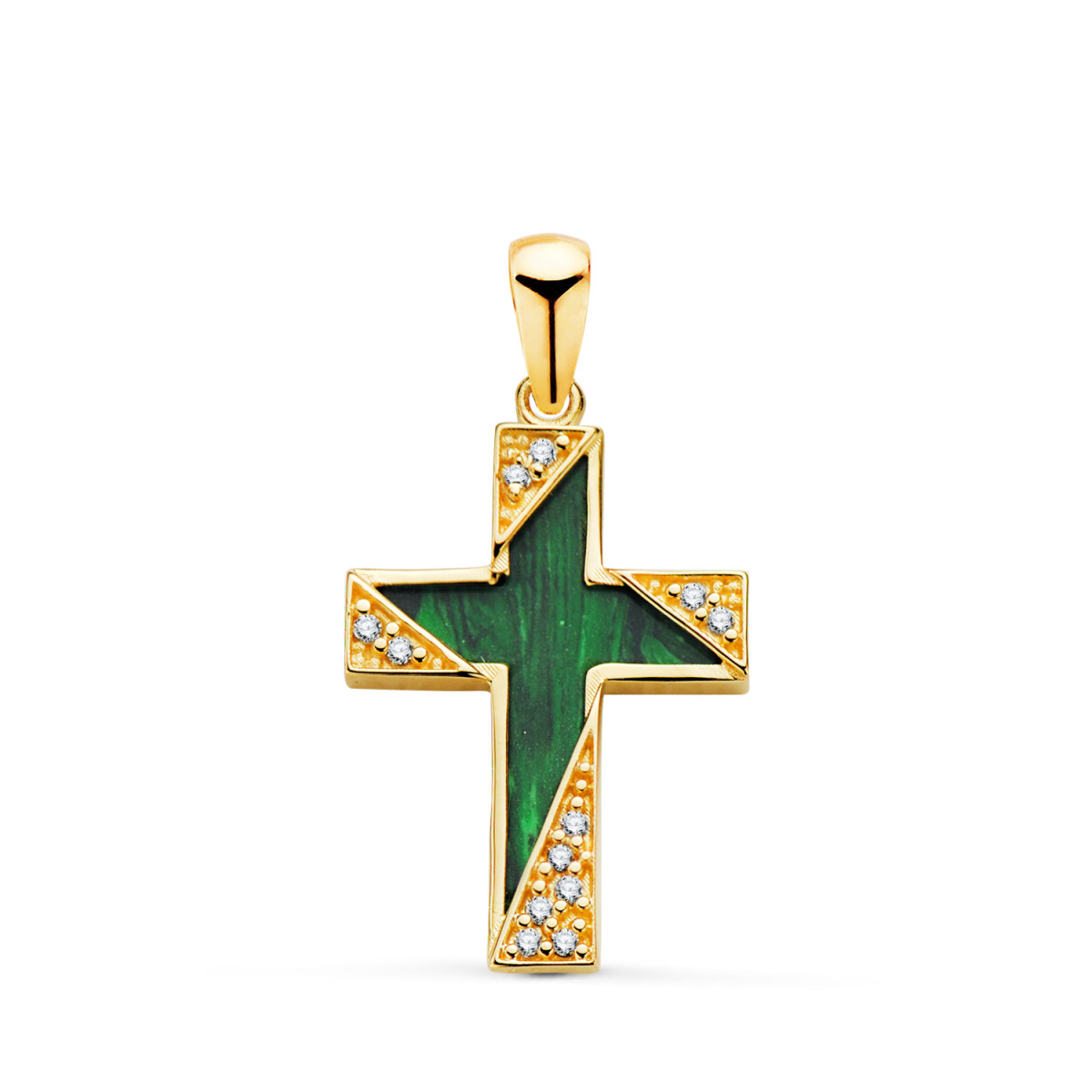 18K CRUZ ORO AMARILLO MALAQUITA DETALLES CON CIRCONITAS. MEDIDA: 19 X 12,5 MM