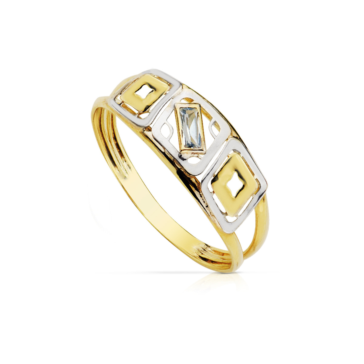 9K SORTIJA ORO BICOLOR DOBLE CUERPO MOTIVO CALADO CON CIRCONITA AGUAMARINA. ANCHO: 6,5 MM