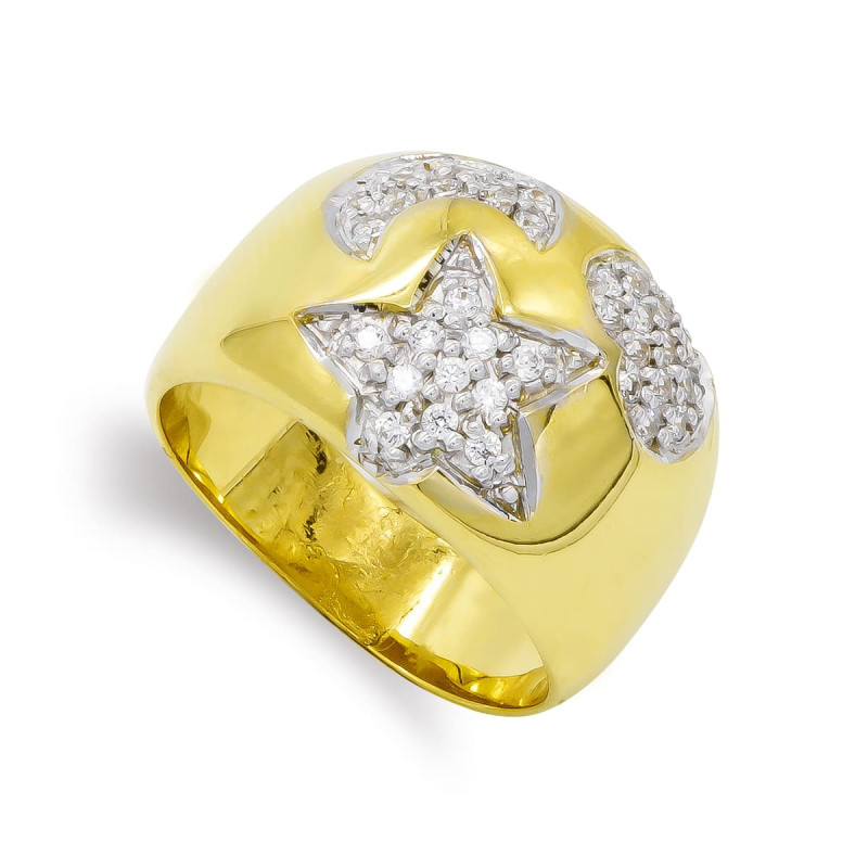 18K SORTIJA ORO AMARILLO CORAZON, LUNA Y ESTRELLA CON CIRCONITAS. ANCHO: 13,5 MM