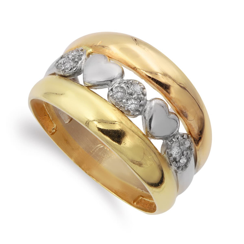 18K SORTIJA ORO TRICOLOR BANDAS CON CORAZONES. ANCHO 13 MM