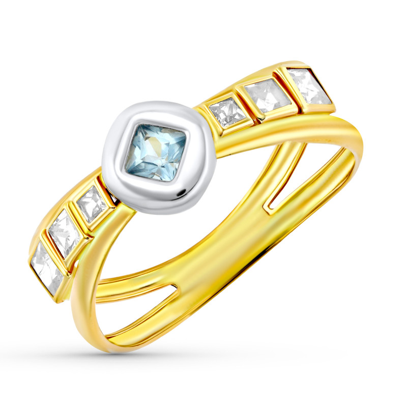 18K SORTIJA ORO BICOLOR DOBLE CUERPO CHATON CON CIRCONITA AGUAMARINA Y CUADRADAS. ANCHO: 6,5 MM