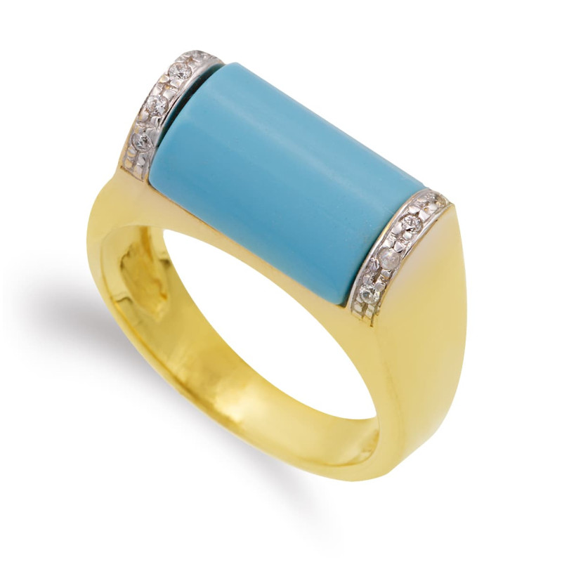18K SORTIJA ORO BICOLOR PIEDRA TURQUESA FINA ANCHO 8.5 MM CUERPO 4 MM