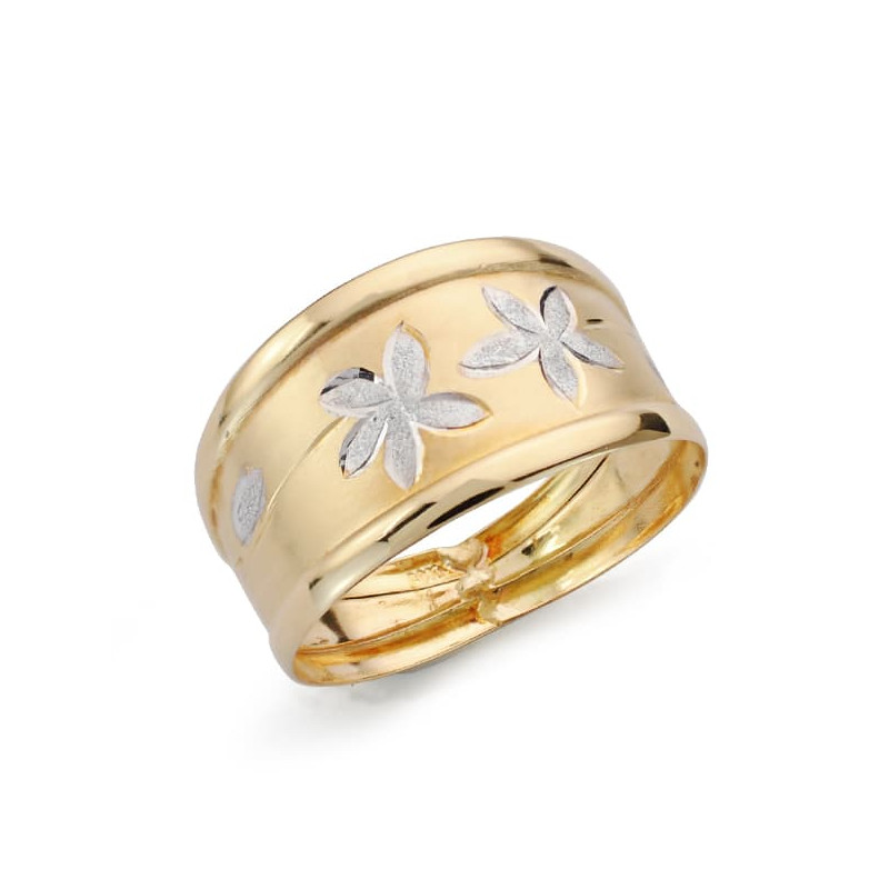 18K SORTIJA ORO BICOLOR MATIZADA CON FLORES DIAMANTADAS. ANCHO: 13,5MM