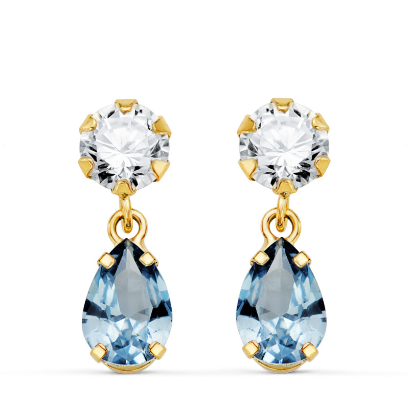 18K PENDIENTES ORO AMARILLO DOS CUERPOS CON CIRCONITA Y AGUAMARINA LAGRIMA 16 X 5MM. CIERRE PRESION