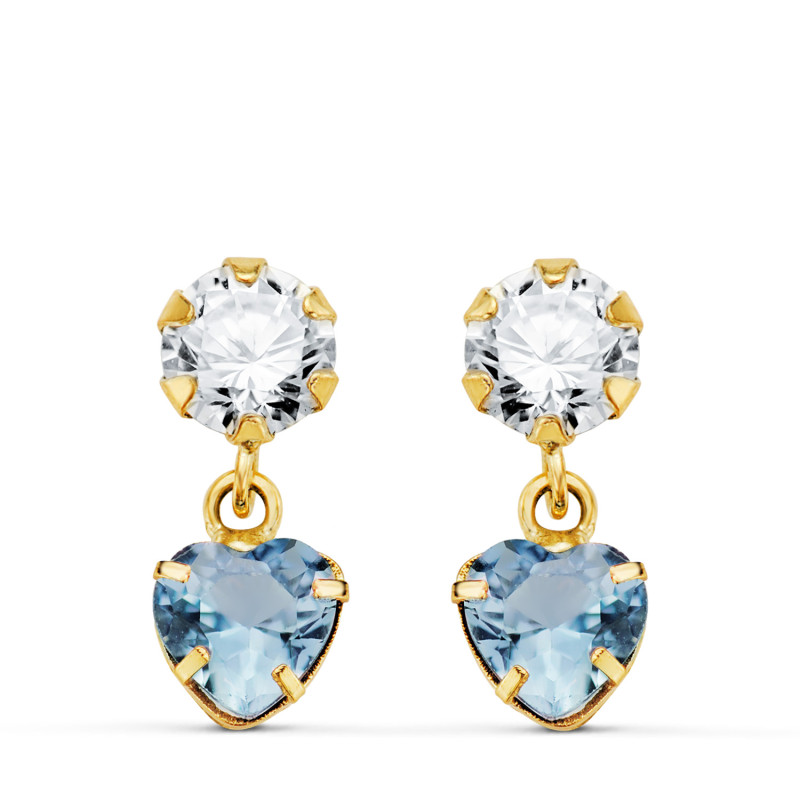 18K PENDIENTES ORO AMARILLO DOS CUERPOS CON CIRCONITA Y AGUAMARINA CORAZON 14 X 5MM. CIERRE PRESION