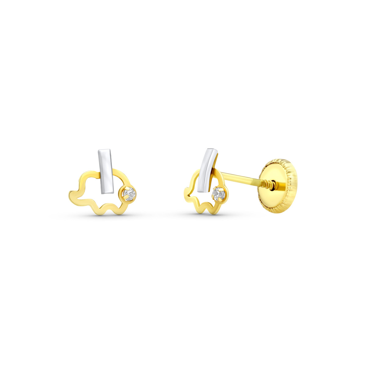 18K PENDIENTES ORO BICOLOR ELEFANTE 6X6 MM CIERRE TUERCA