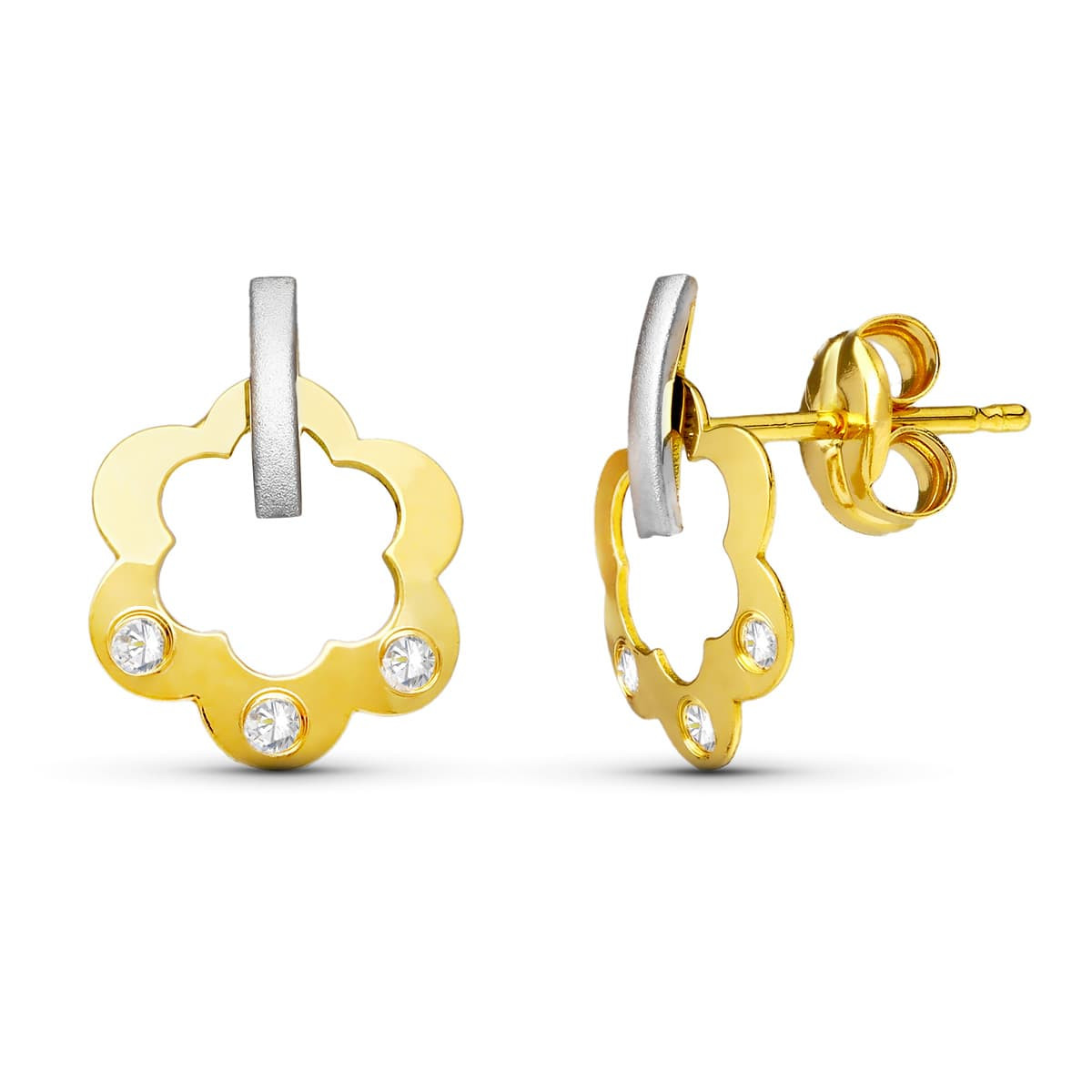 18K PENDIENTES ORO BICOLOR FLOR 11X8 MM PRESION