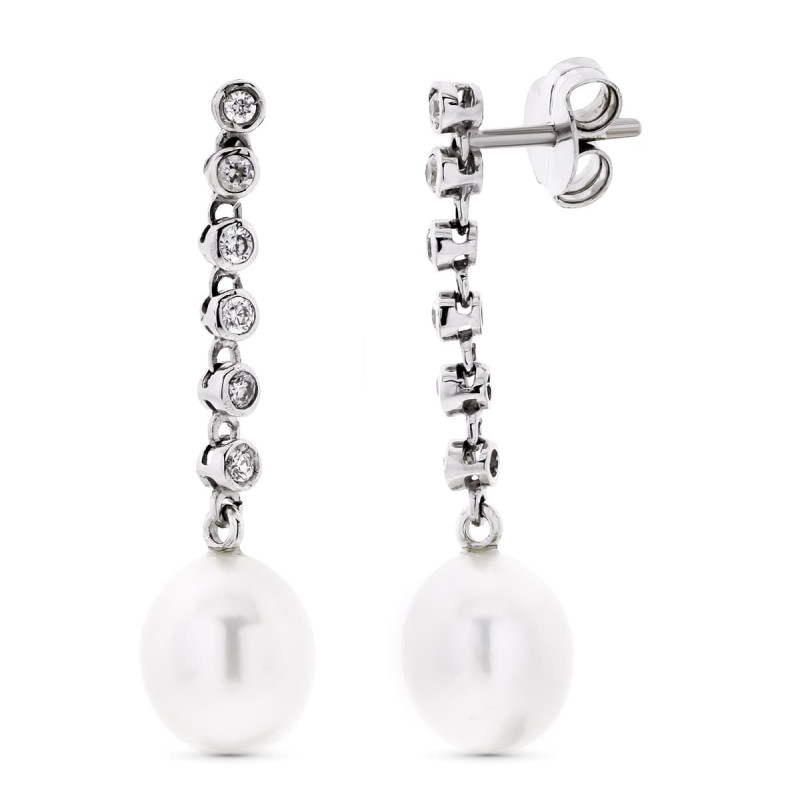 18K PENDIENTES ORO BLANCO LARGOS CON CIRCONITA Y PERLA CIERRE PRESION