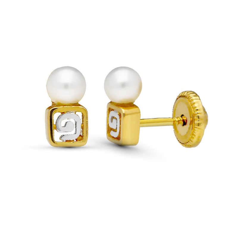 18K PENDIENTES ORO BICOLOR MOTIVO Y PERLA 7X3 MM CIERRE TUERCA