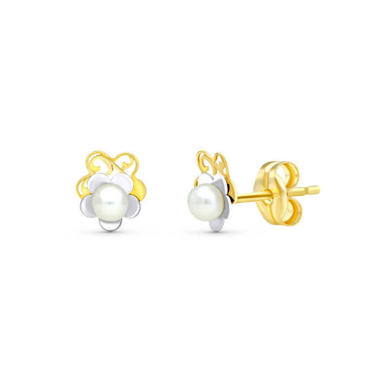 18K PENDIENTES ORO BICOLOR PERLA LASER. 6X5 MM