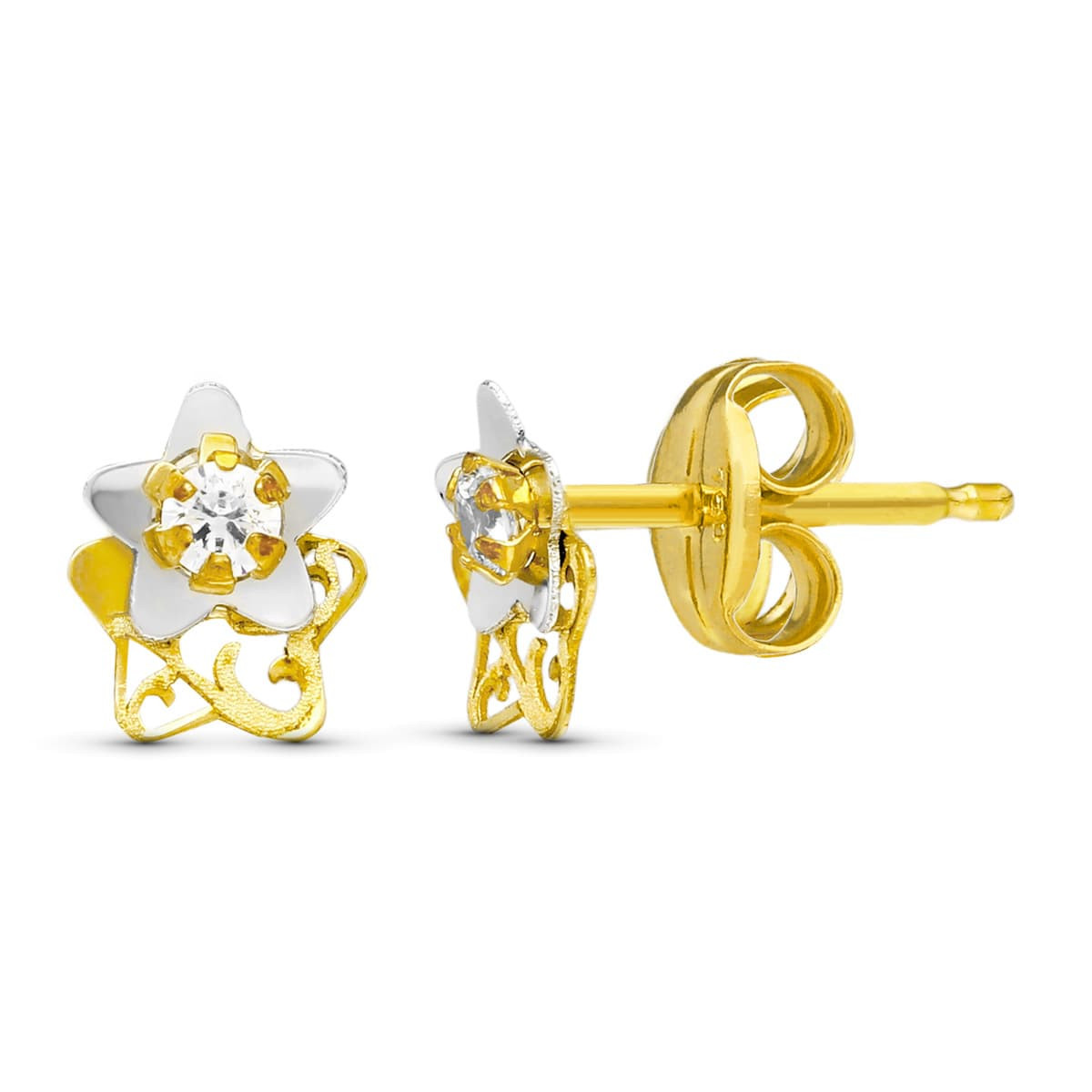 18K PENDIENTES ORO BICOLOR ESTRELLA 6X5 MM CIERRE PRESION