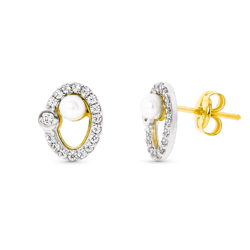 18K PENDIENTES ORO BICOLOR PERLA 3 MM 9X7 MM CIERRE PRESION