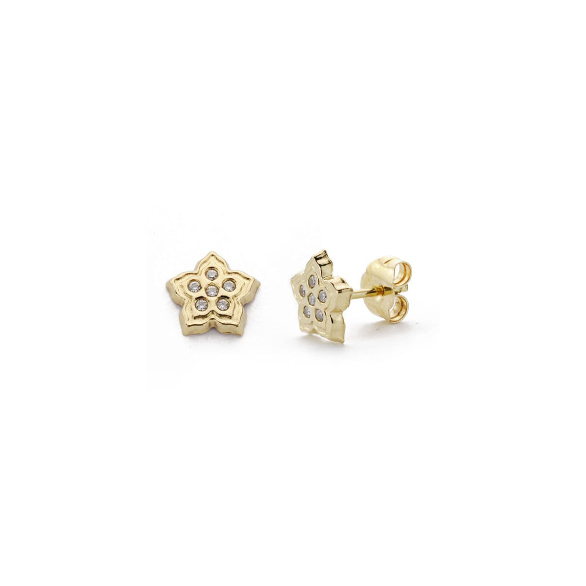 18K PENDIENTES ORO AMARILLO FLOR CIRCONITA 7X7 MM CIERRE PRESION