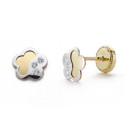 18K PENDIENTES ORO BICOLOR FLOR CIRCONITA 6 MM CIERRE TUERCA
