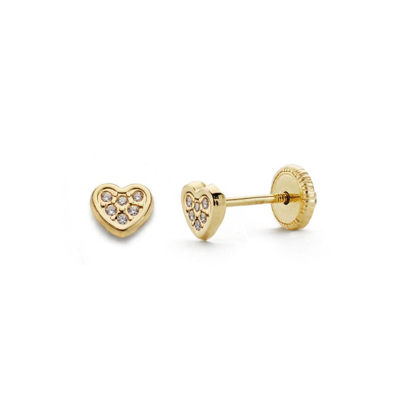18K PENDIENTES ORO AMARILLO CORAZON CIRCONITA 5X4 MM CIERRE TUERCA