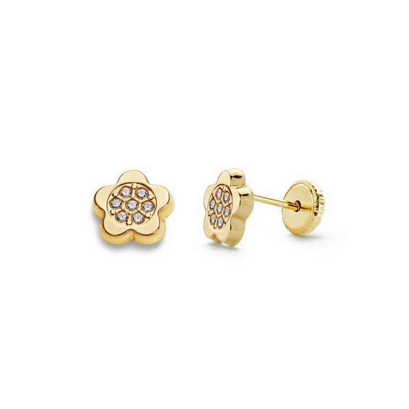 18K PENDIENTES ORO AMARILLO FLOR CIRCONITA 6X6 MM CIERRE TUERCA