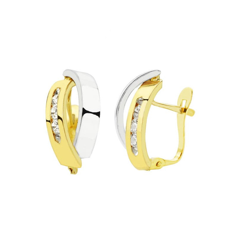 18K PENDIENTES ORO BICOLOR BANDAS 16X8 MM CIERRE CATALAN